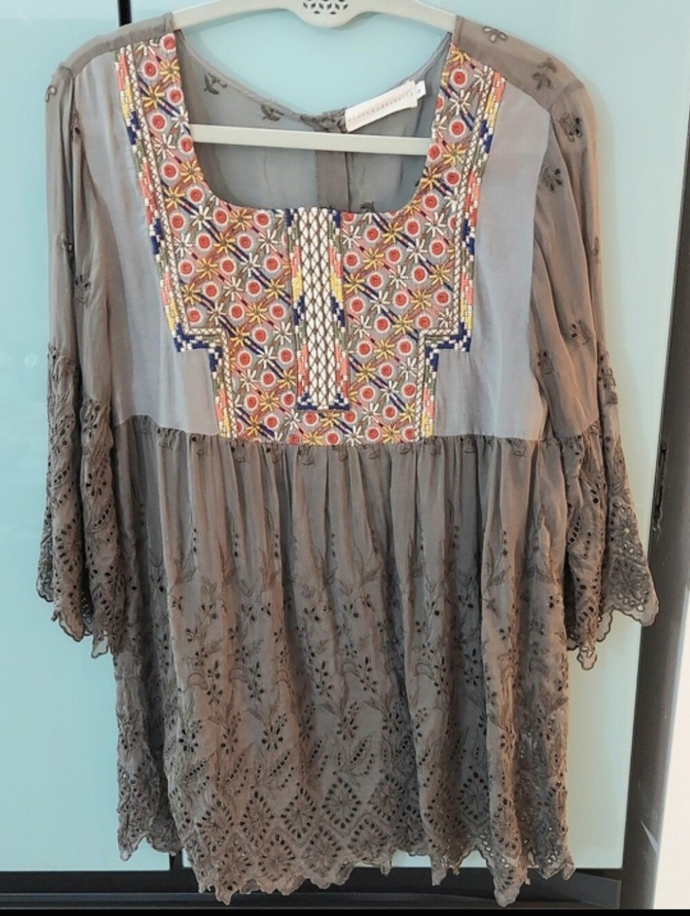 Johnny Was 4 Love and Liberty Top, Size S, Silk Tunic, Sheer Gray, Lacy